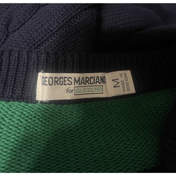 Vtg Guess Georges Marciano Men's M Blue Green Cable Striped Knit Sweater EUC - Picture 3 of 5